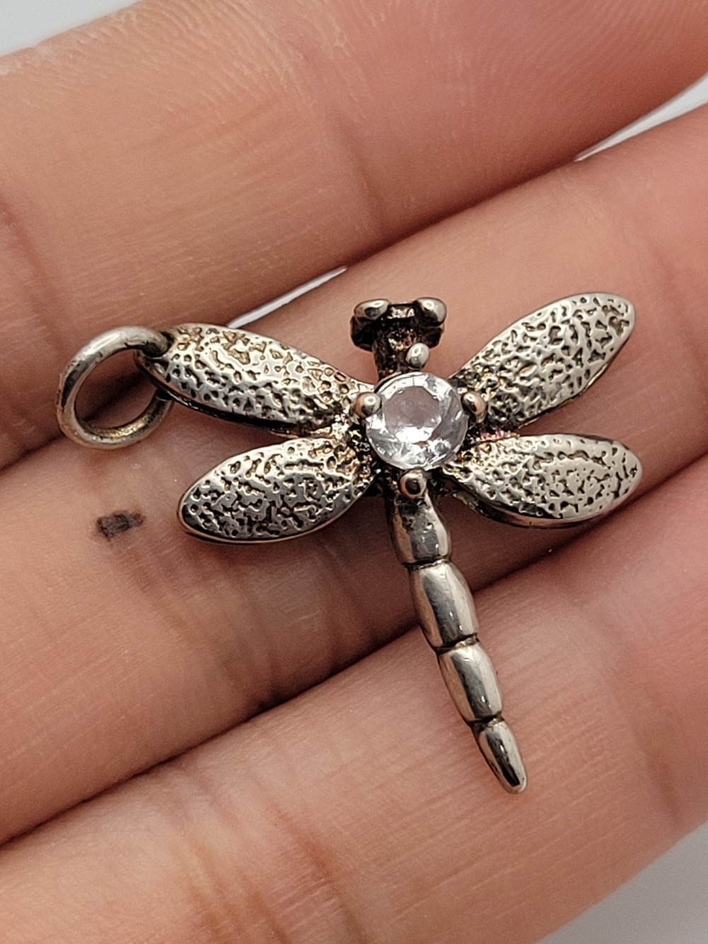 Sweet Sterling Silver Dragonfly Pendant with Clear Crystal Accent